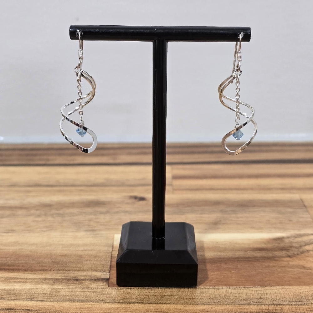 Vintage Double Spiral Hanging Blue Crystal Drop Earrings 925 Sterling Plated